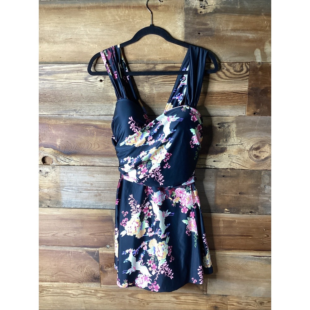 COCOPEAR Dark Asian Floral Swimdress Cranes Crossover One Piece Swimsuit 3X